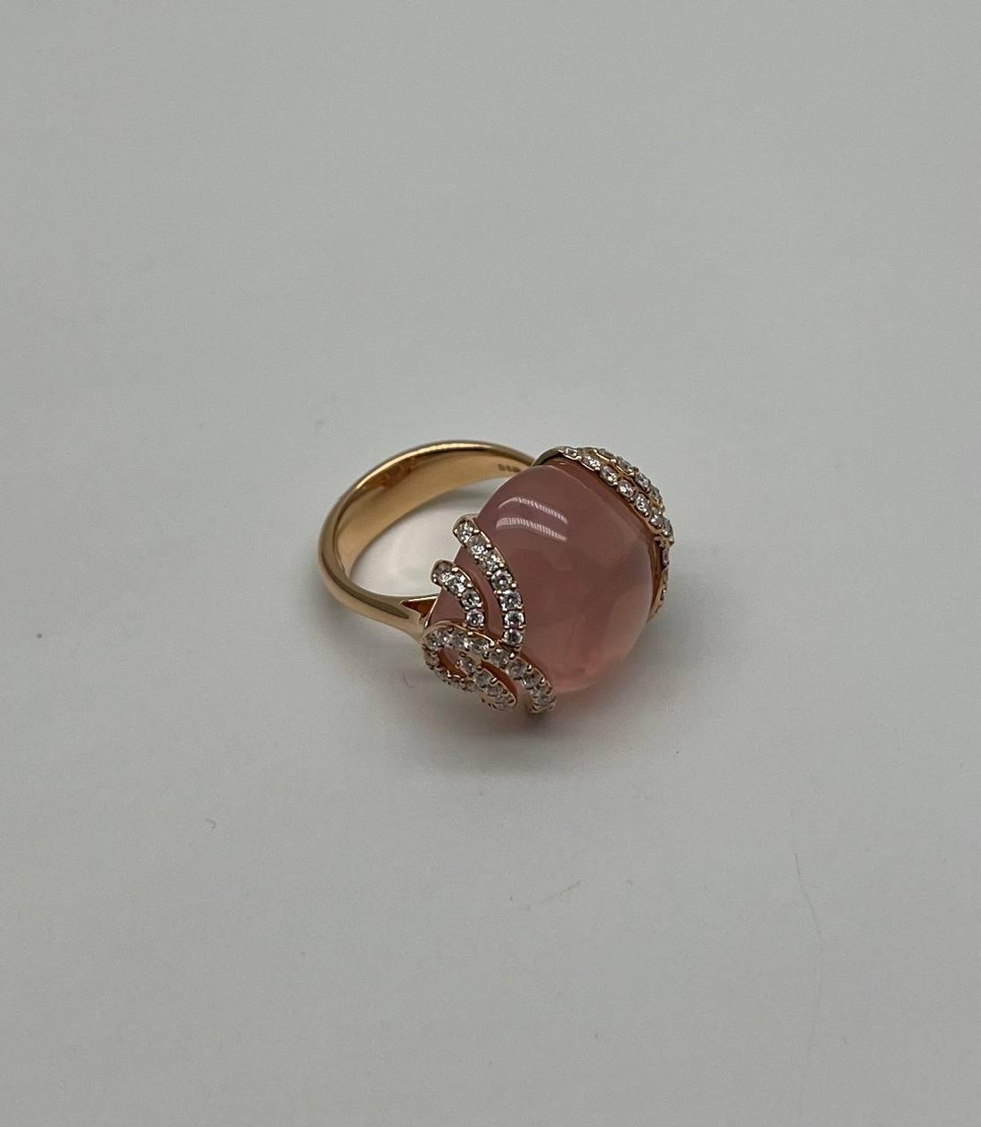 Pink Rose Quartz Cabochon Diamond Waves 14K Rose Gold Cocktail Ring