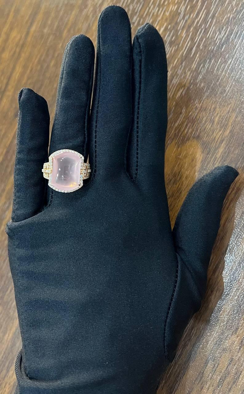 Pink Rose Quartz Cabochon Diamond Halo 18K Rose Gold Cocktail Unique Ring