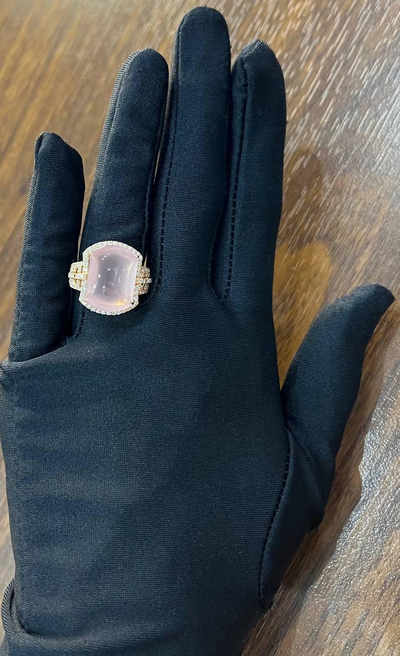 Pink Rose Quartz Cabochon Diamond Halo 18K Rose Gold Cocktail Unique Ring