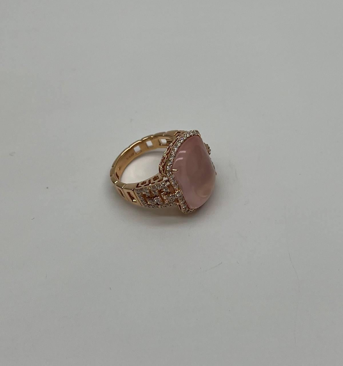 Pink Rose Quartz Cabochon Diamond Halo 18K Rose Gold Cocktail Unique Ring