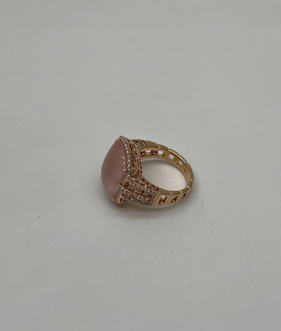 Pink Rose Quartz Cabochon Diamond Halo 18K Rose Gold Cocktail Unique Ring
