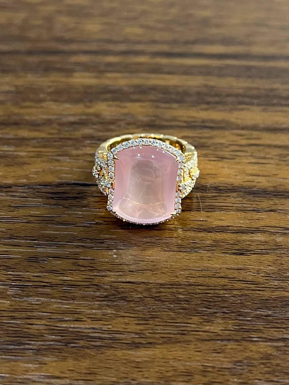 Pink Rose Quartz Cabochon Diamond Halo 18K Rose Gold Cocktail Unique Ring