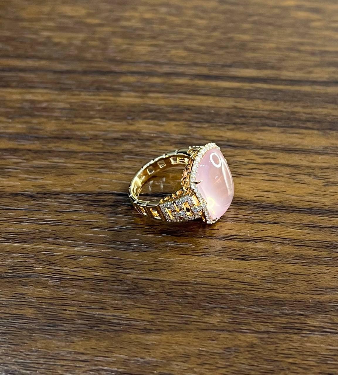 Pink Rose Quartz Cabochon Diamond Halo 18K Rose Gold Cocktail Unique Ring