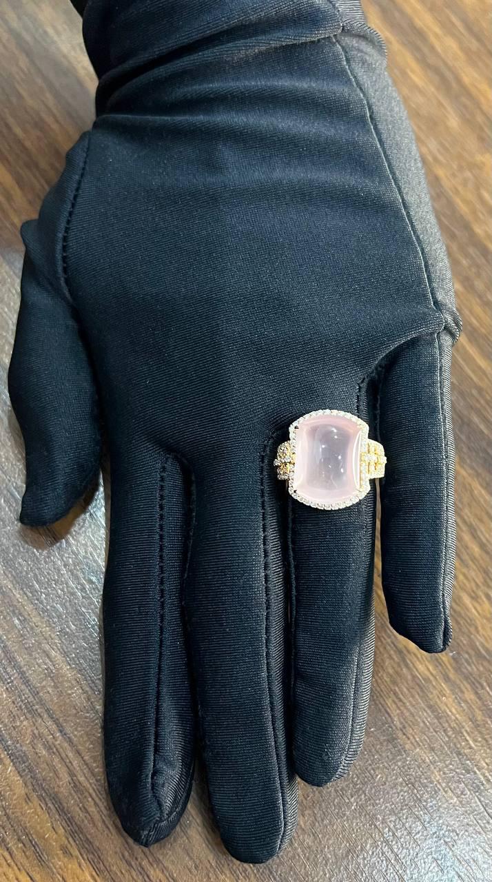 Pink Rose Quartz Cabochon Diamond Halo 18K Rose Gold Cocktail Unique Ring