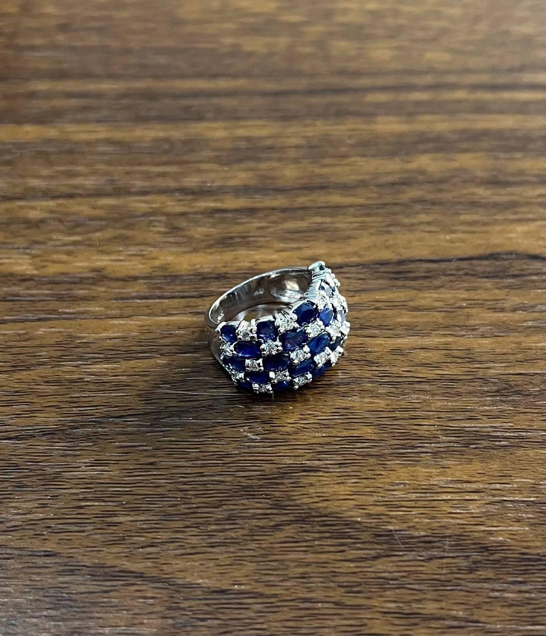 Blue Sapphire & Diamond Cluster Pave Set 14K White Gold Statement Band Ring