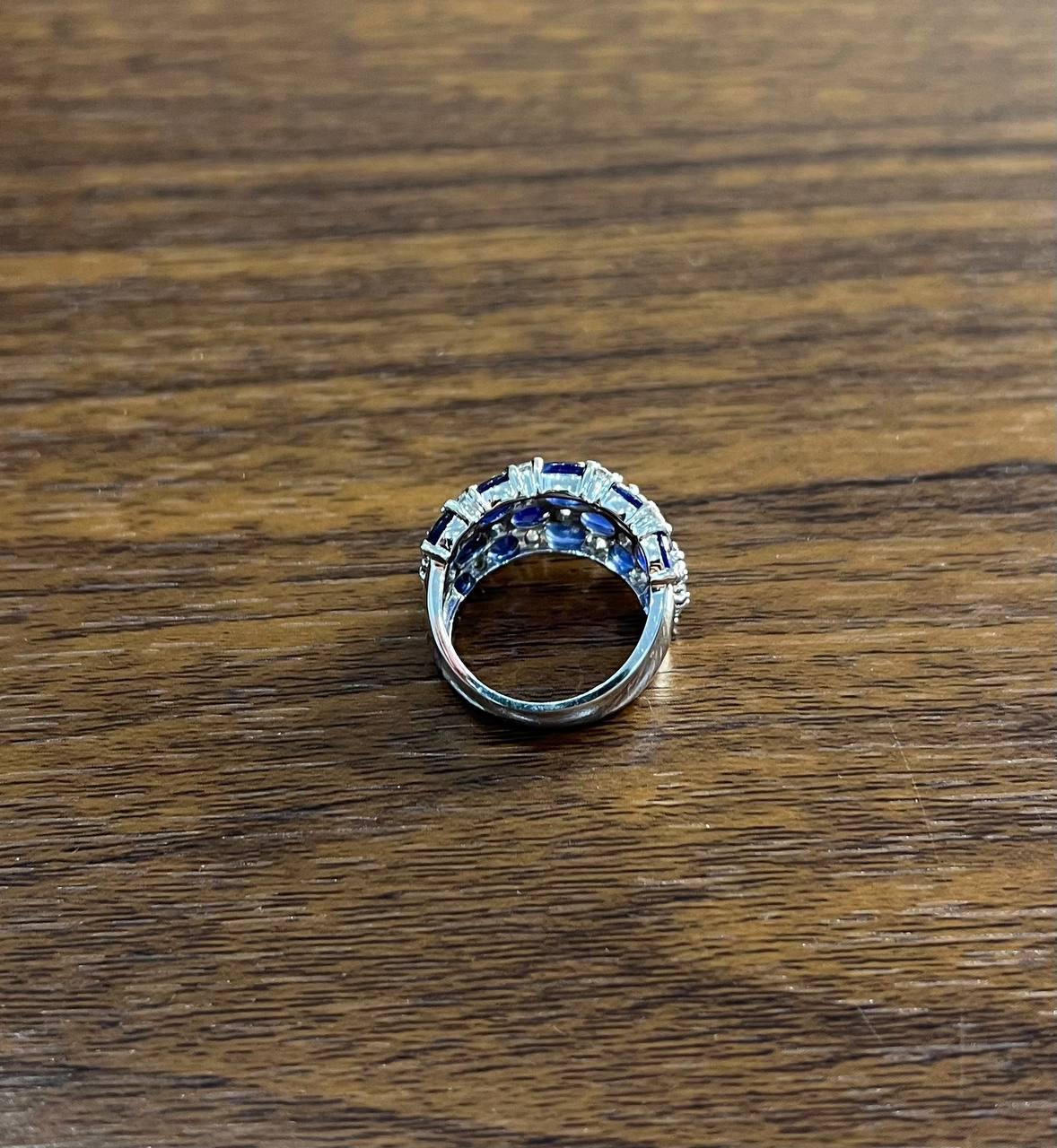 Blue Sapphire & Diamond Cluster Pave Set 14K White Gold Statement Band Ring