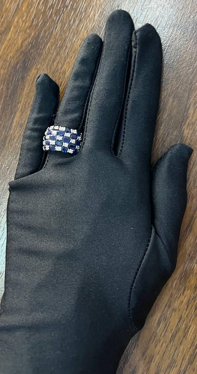 Blue Sapphire & Diamond Cluster Pave Set 14K White Gold Statement Band Ring