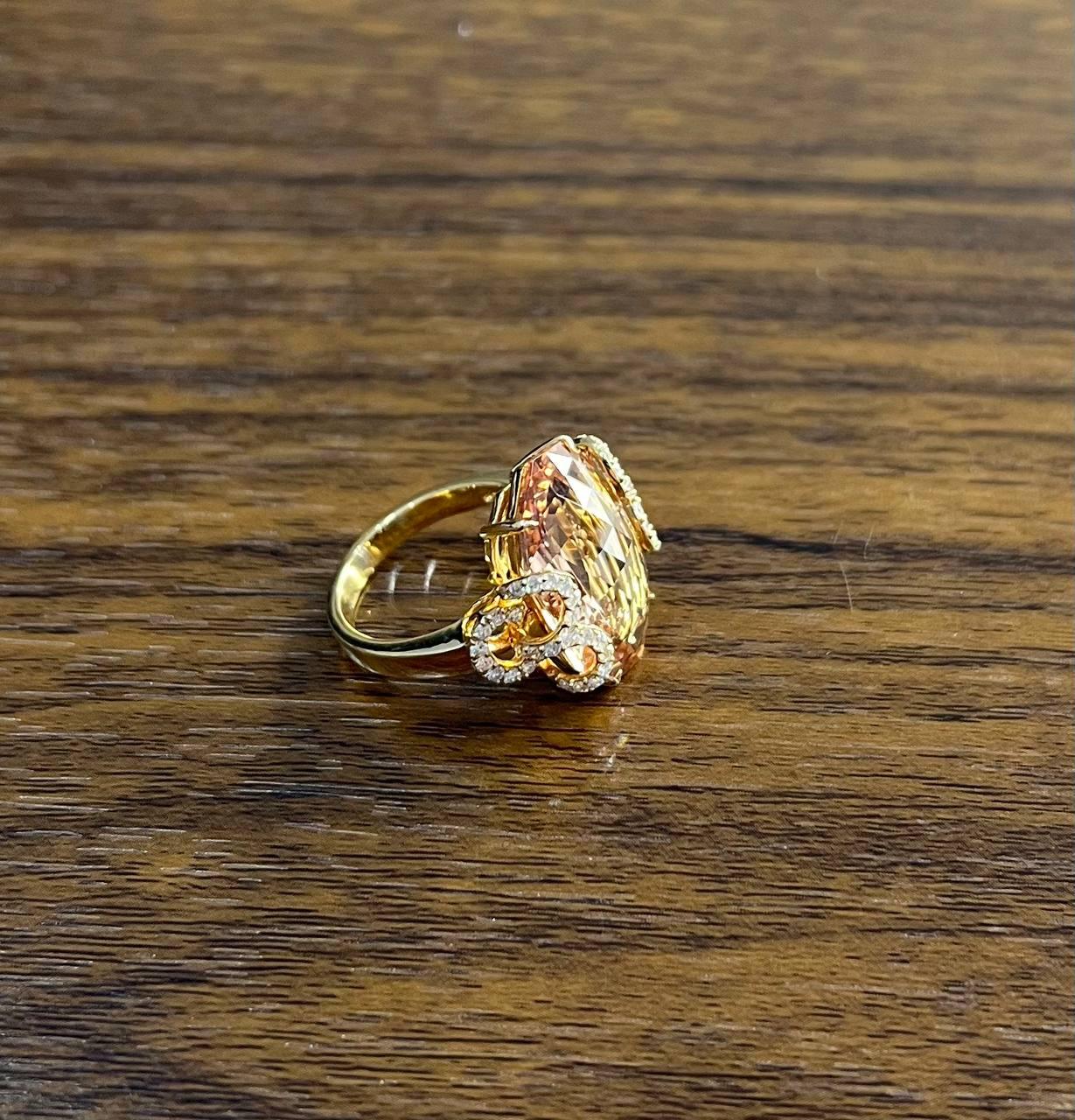 Fancy Shape Peach Pink Morganite Diamond Scroll Accents 18K Rose Gold Ring