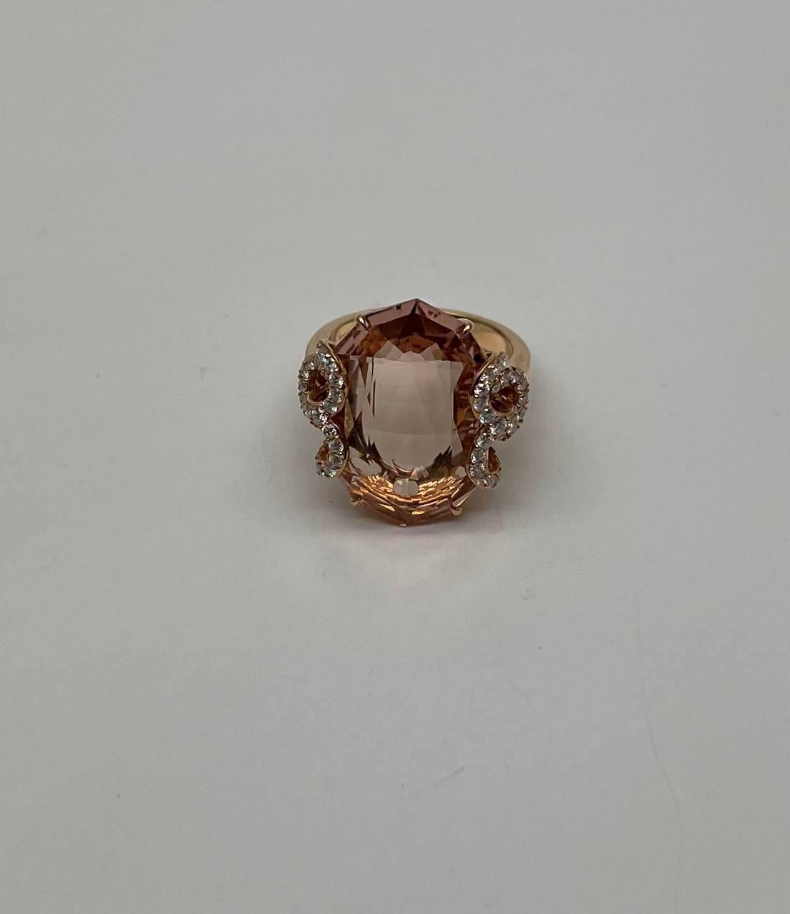 Fancy Shape Peach Pink Morganite Diamond Scroll Accents 18K Rose Gold Ring