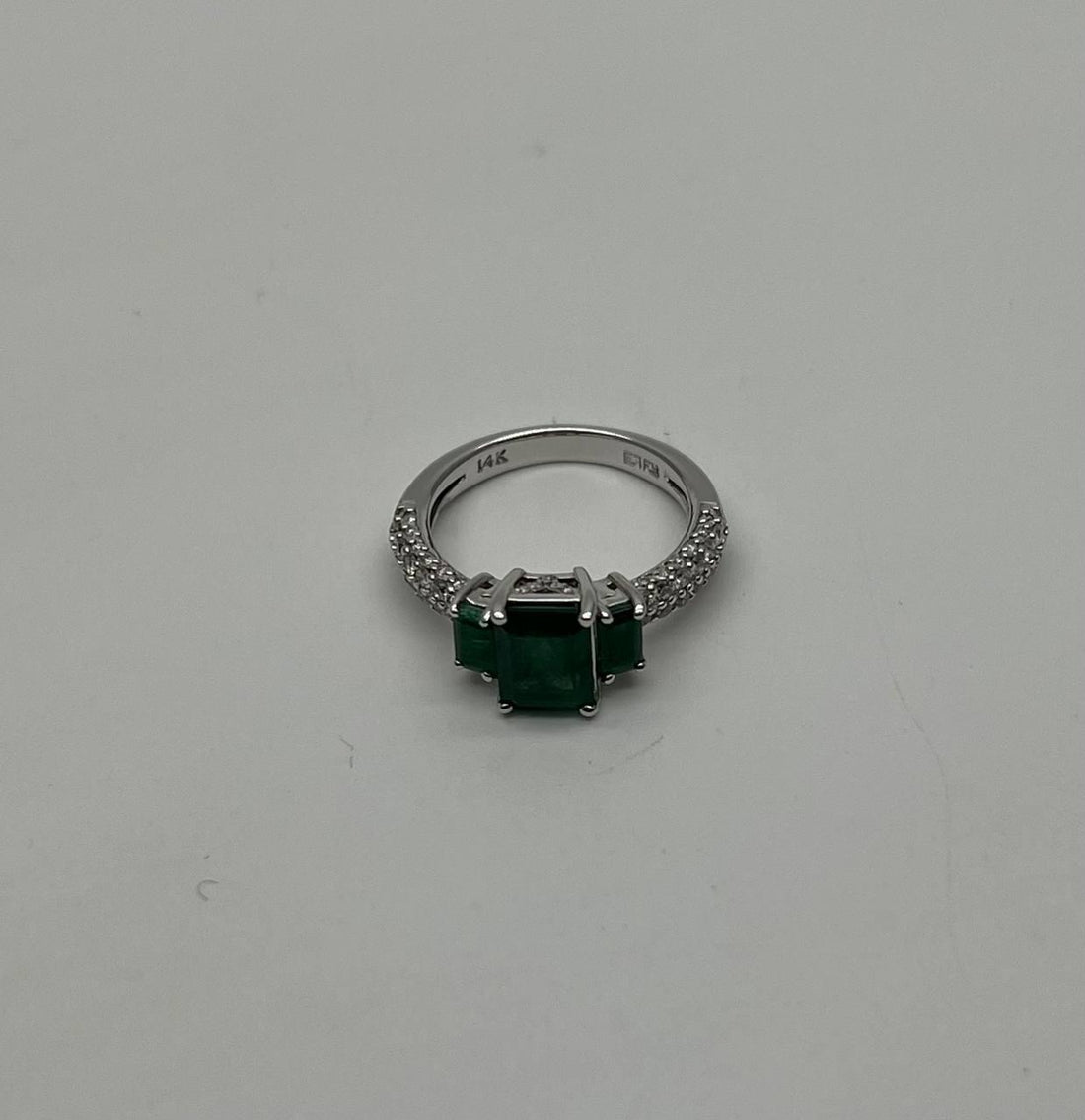Green Emerald Three Stone Diamond 14K White Gold Classic Statement Ring