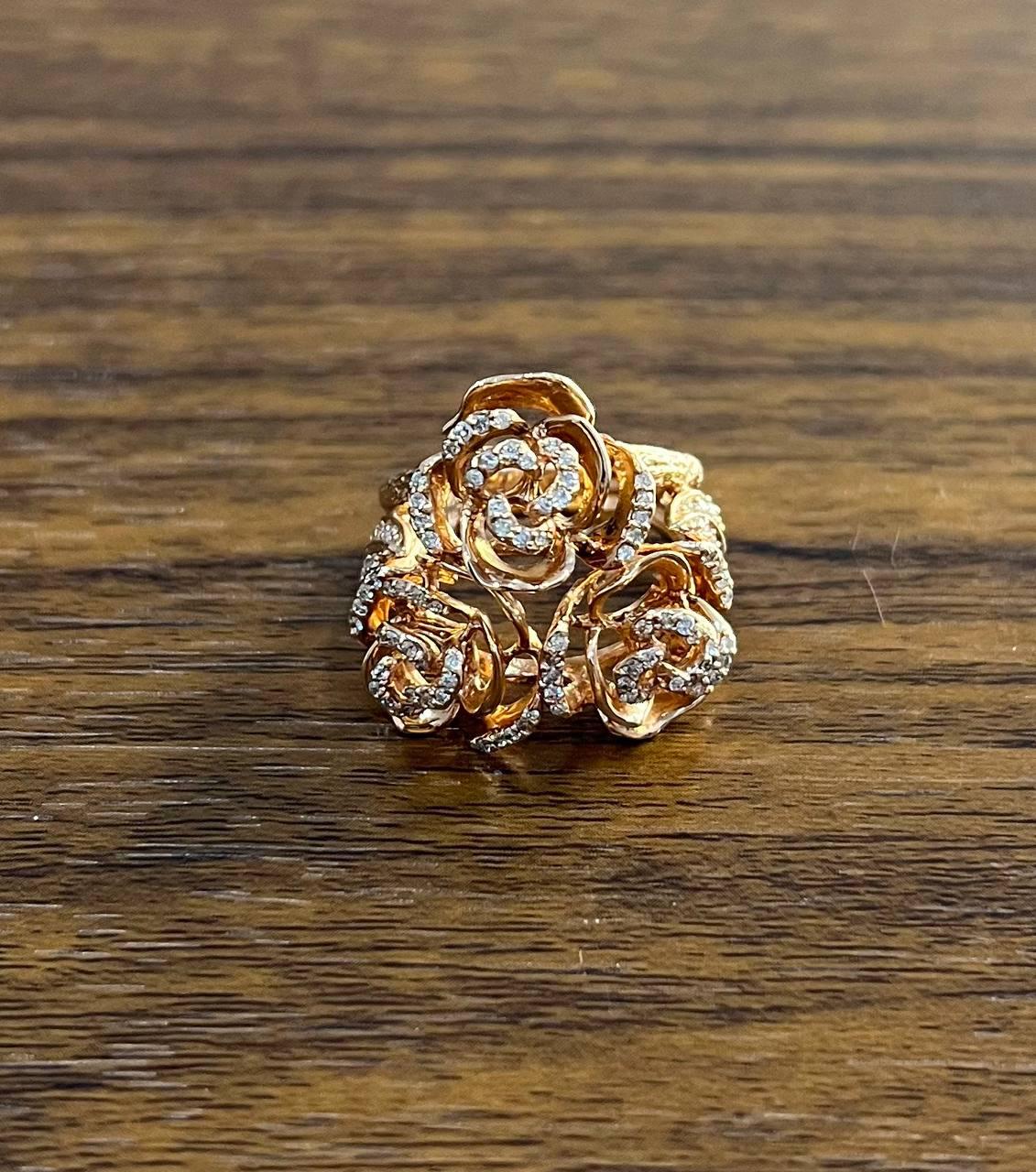 Rose Floral Flower Petals Diamond Pave Set 14K Rose Gold Cocktail Ring