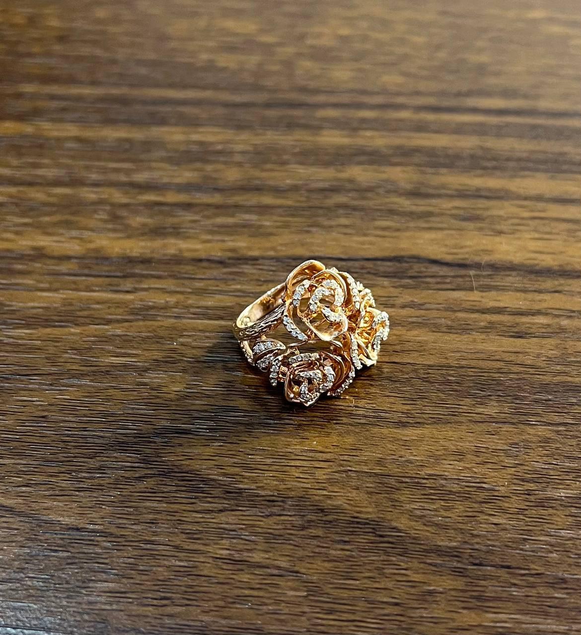 Rose Floral Flower Petals Diamond Pave Set 14K Rose Gold Cocktail Ring