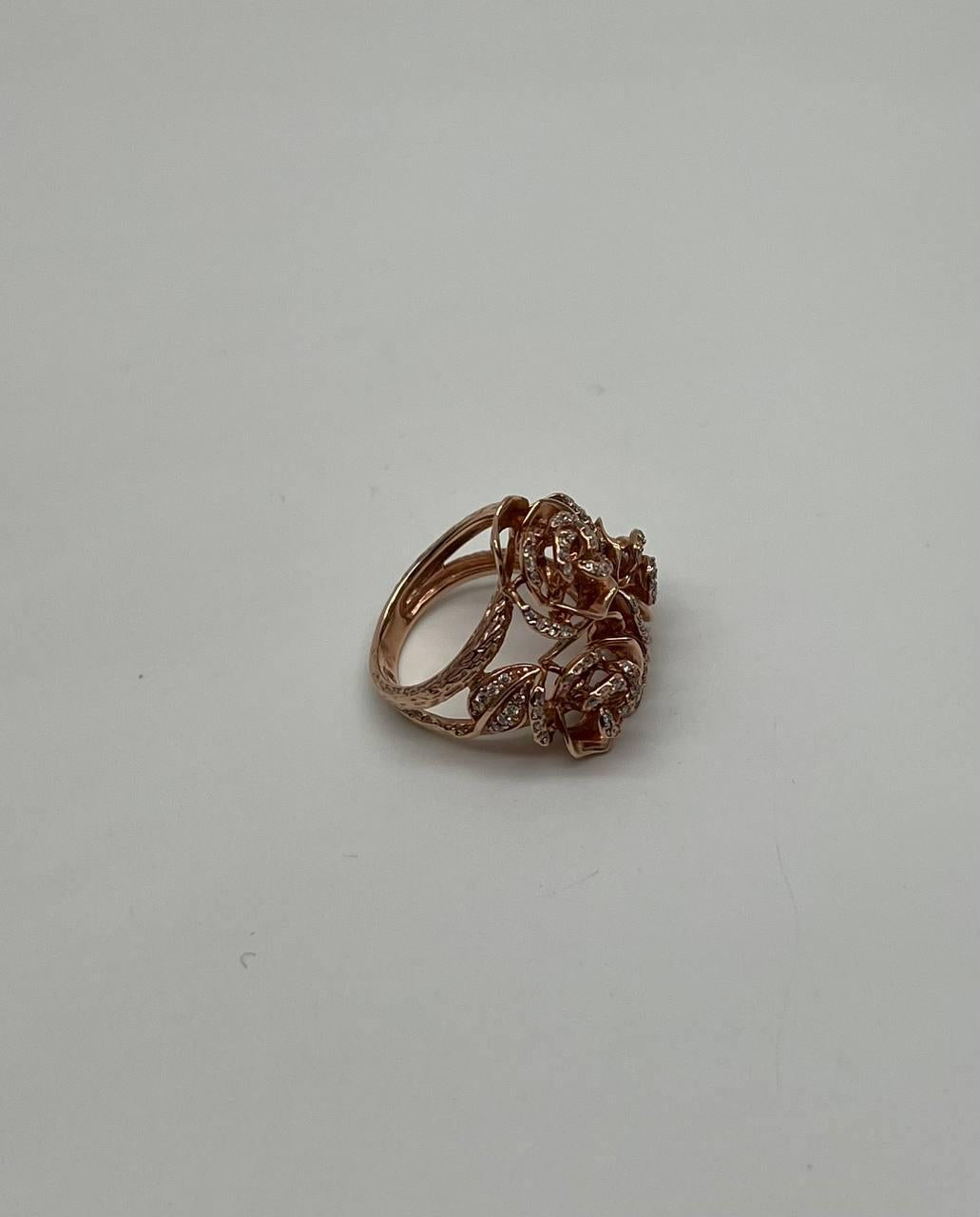 Rose Floral Flower Petals Diamond Pave Set 14K Rose Gold Cocktail Ring