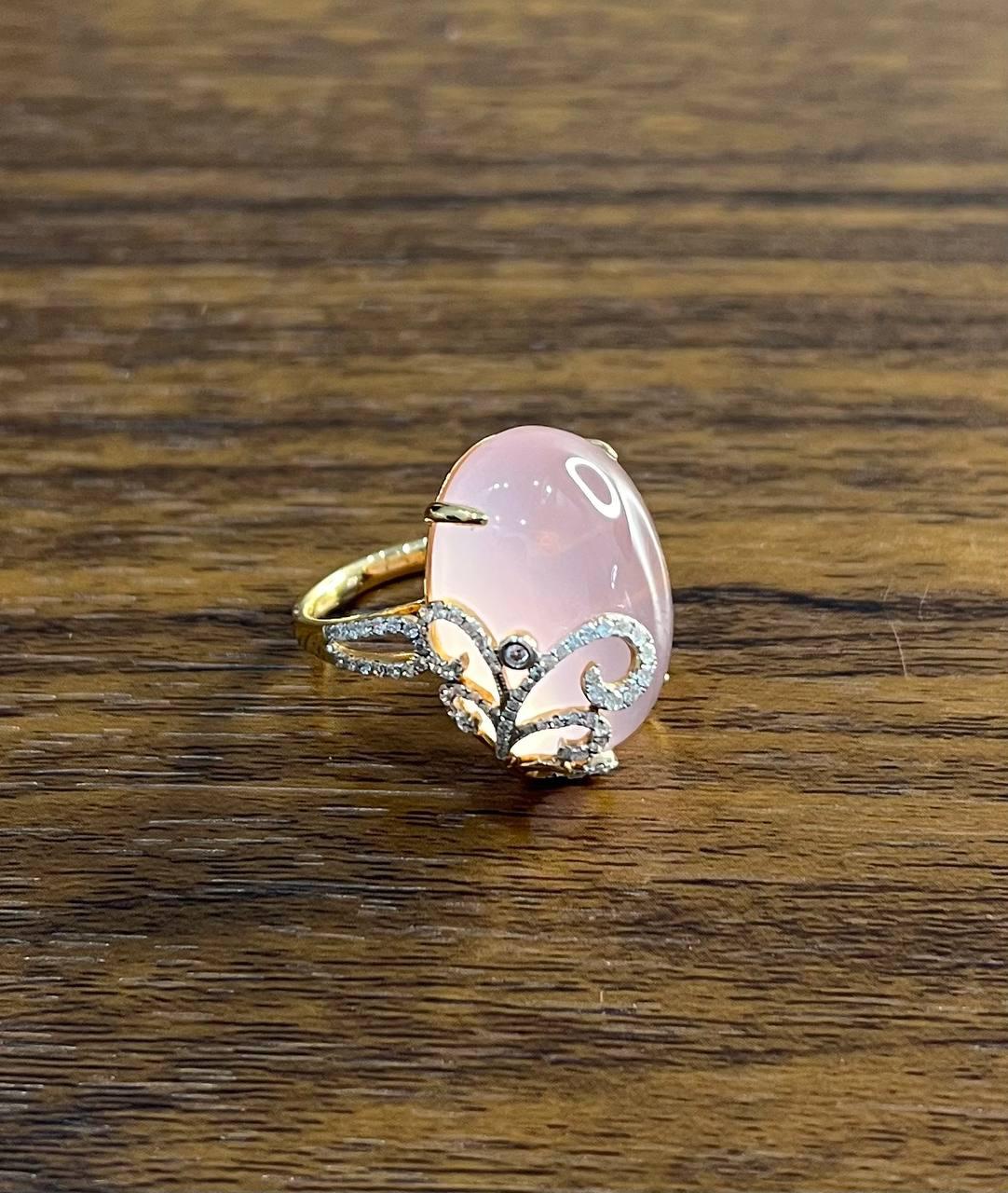 Oval Shape Pink Rose Quartz Cabochon Diamond Scroll 18K White Rose Gold Ring