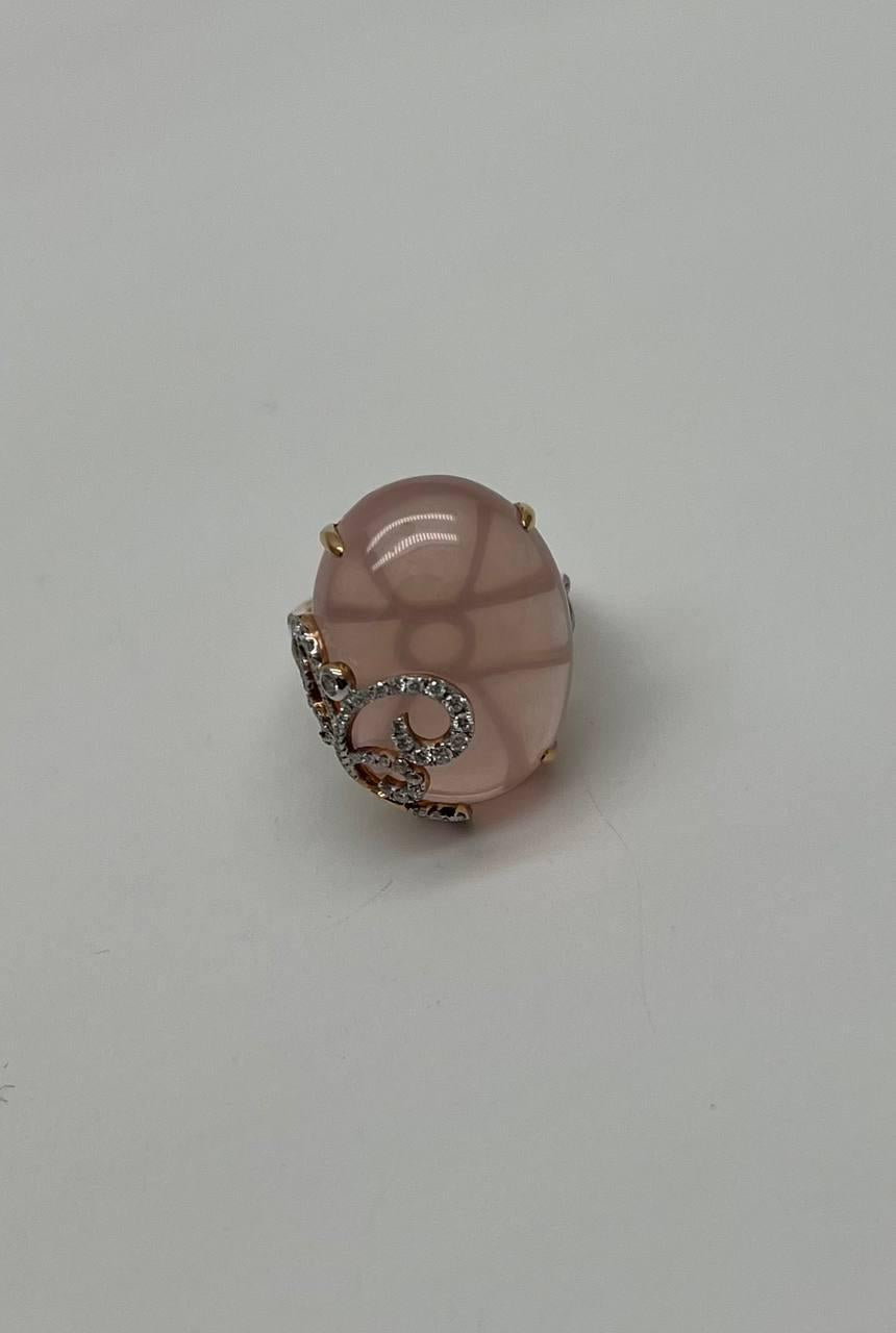 Oval Shape Pink Rose Quartz Cabochon Diamond Scroll 18K White Rose Gold Ring