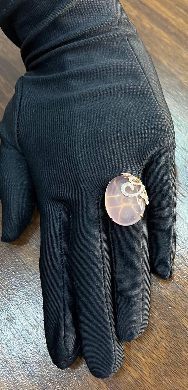 Oval Shape Pink Rose Quartz Cabochon Diamond Scroll 18K White Rose Gold Ring