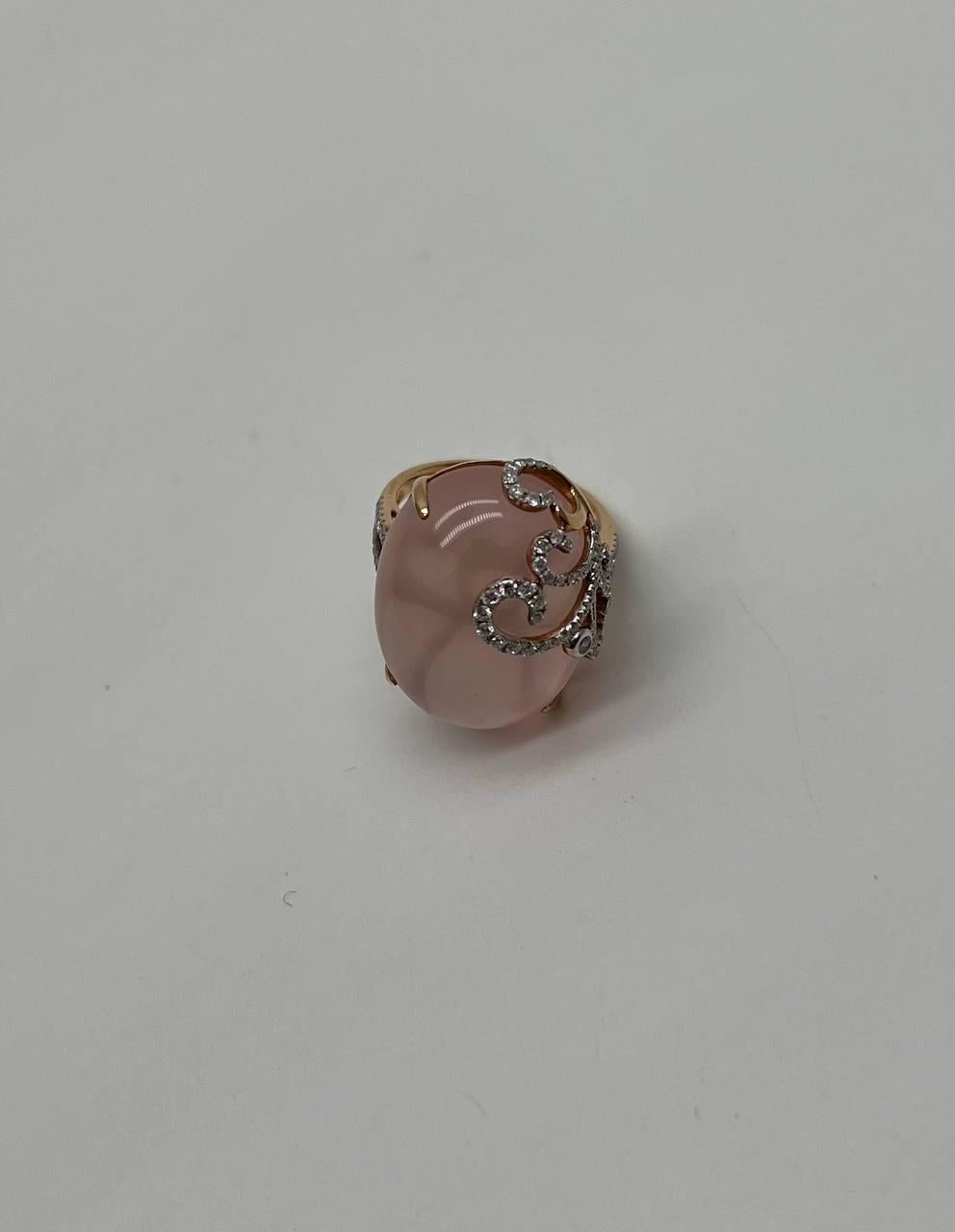 Oval Shape Pink Rose Quartz Cabochon Diamond Scroll 18K White Rose Gold Ring