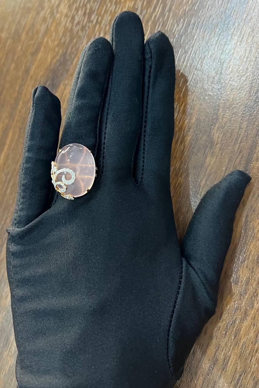 Oval Shape Pink Rose Quartz Cabochon Diamond Scroll 18K White Rose Gold Ring