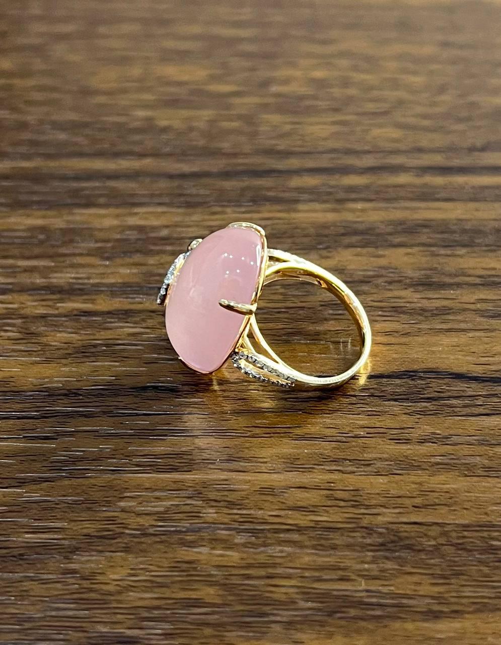 Oval Shape Pink Rose Quartz Cabochon Diamond Scroll 18K White Rose Gold Ring