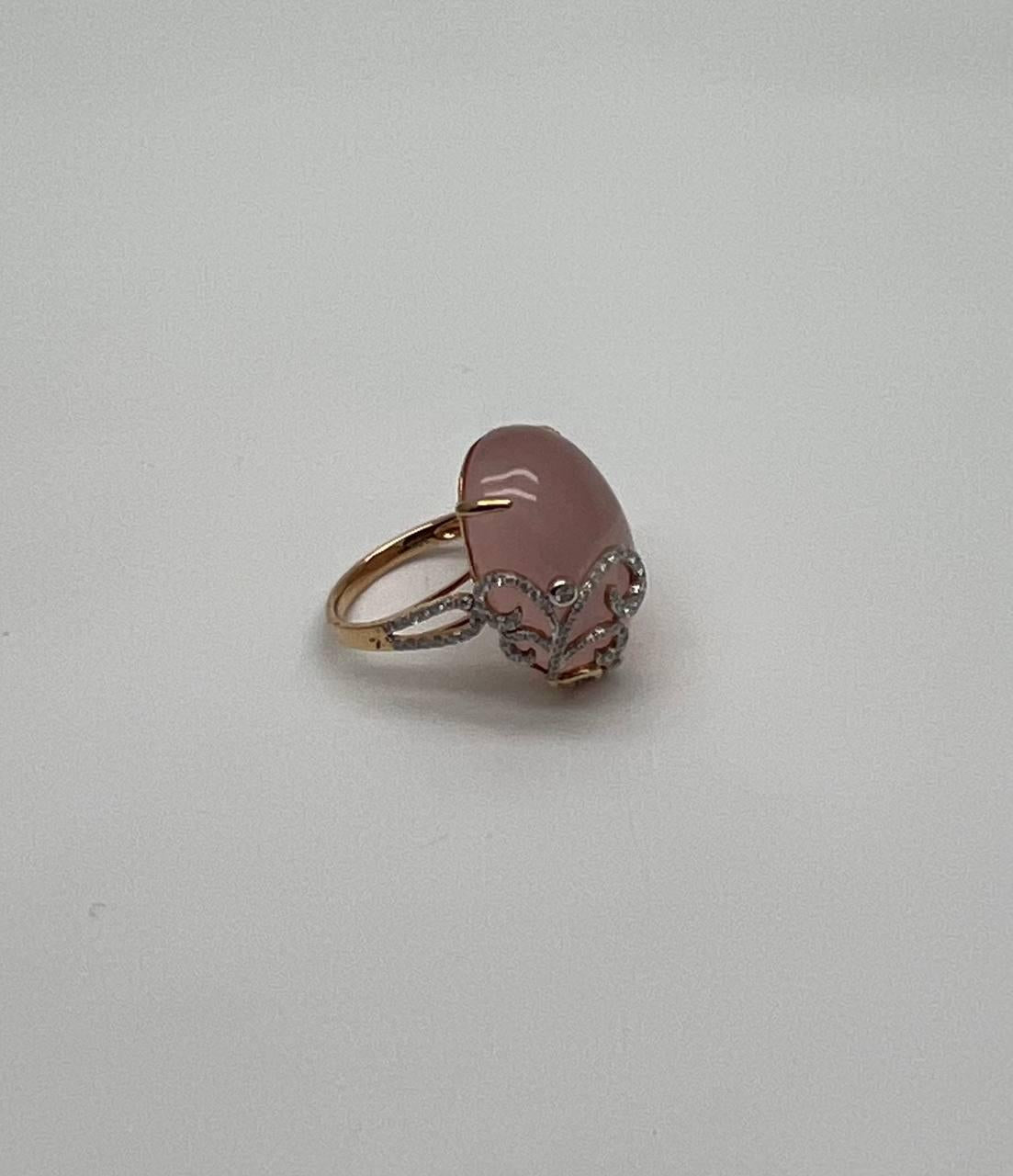 Oval Shape Pink Rose Quartz Cabochon Diamond Scroll 18K White Rose Gold Ring