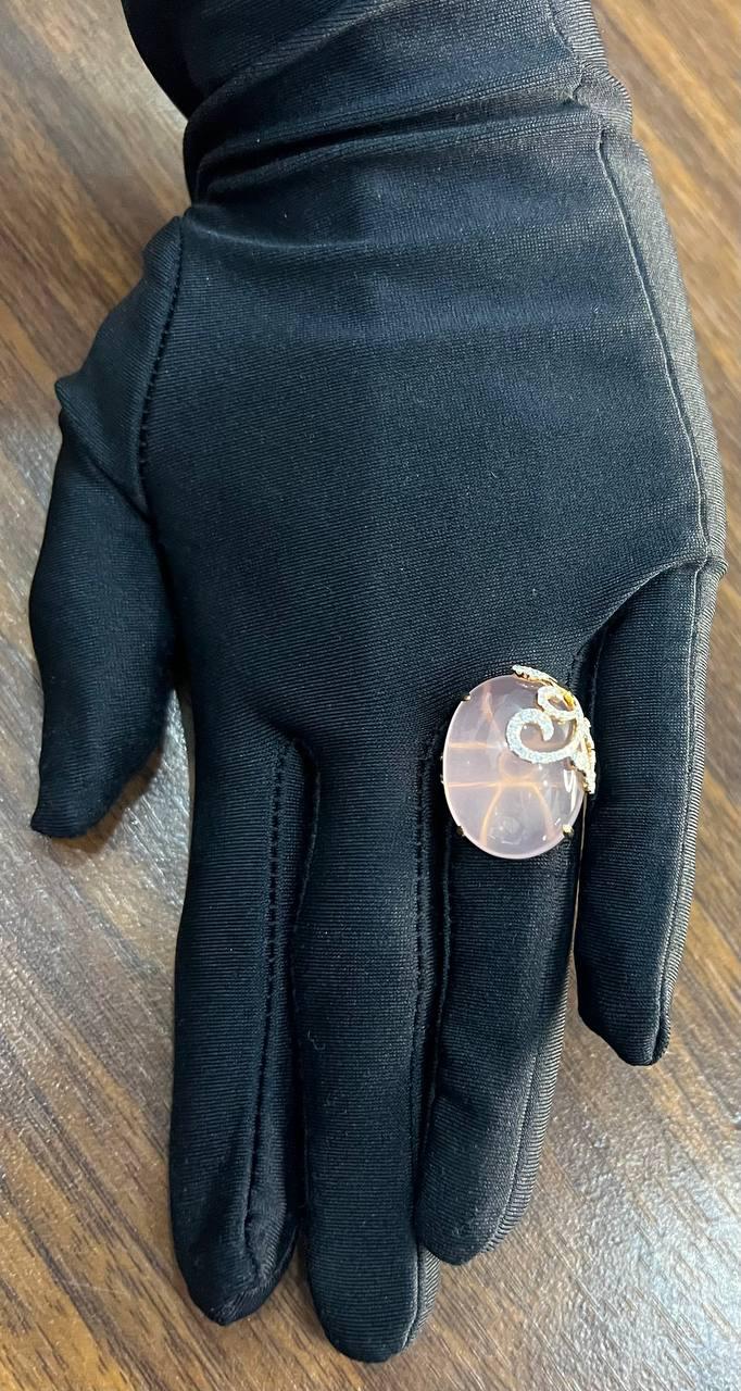 Oval Shape Pink Rose Quartz Cabochon Diamond Scroll 18K White Rose Gold Ring