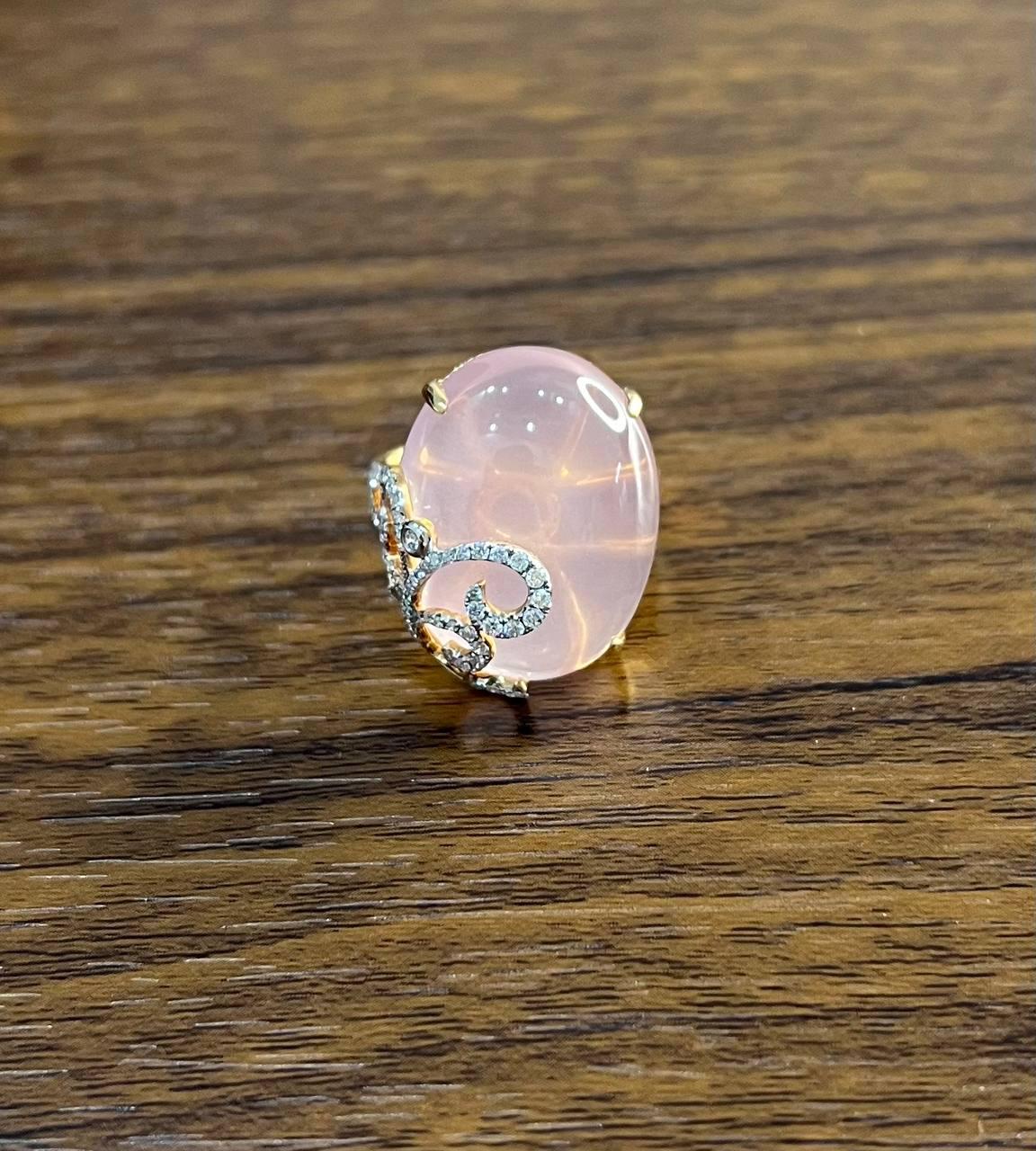 Oval Shape Pink Rose Quartz Cabochon Diamond Scroll 18K White Rose Gold Ring