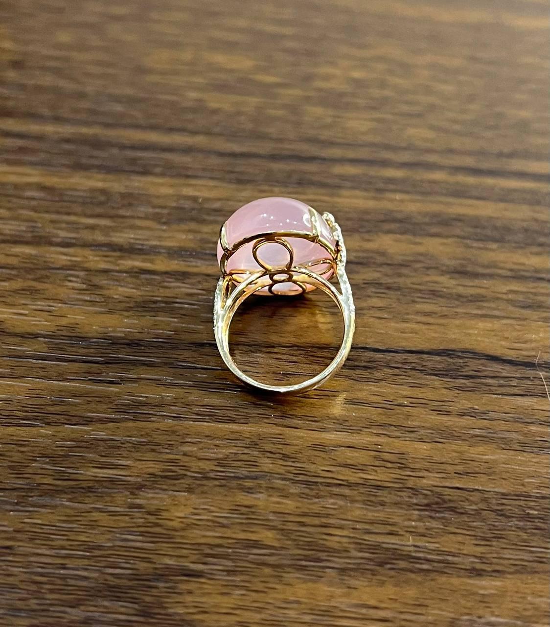 Oval Shape Pink Rose Quartz Cabochon Diamond Scroll 18K White Rose Gold Ring