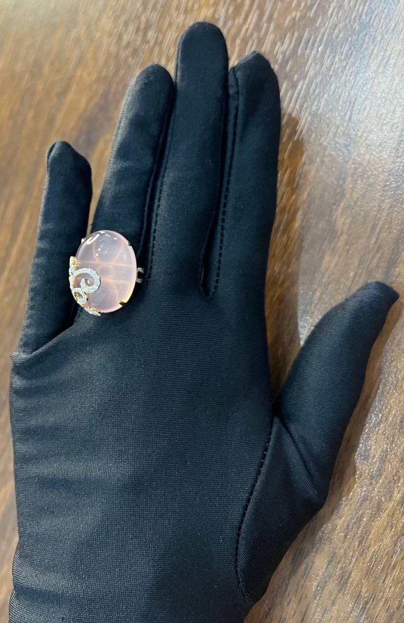 Oval Shape Pink Rose Quartz Cabochon Diamond Scroll 18K White Rose Gold Ring