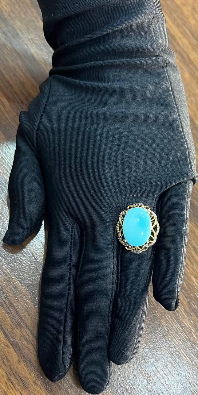 Blue Teal Turquoise Champagne Diamonds Halo 14K Yellow Gold Statement Ring