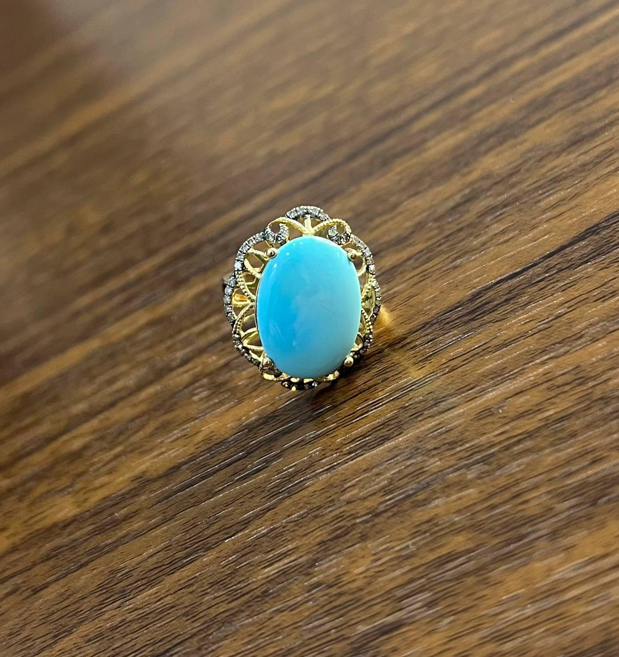 Blue Teal Turquoise Champagne Diamonds Halo 14K Yellow Gold Statement Ring