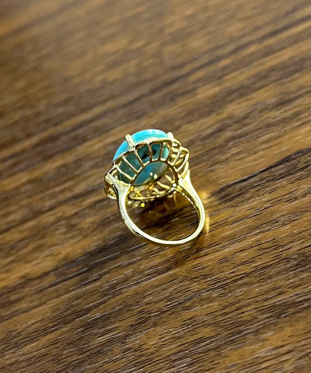 Blue Teal Turquoise Champagne Diamonds Halo 14K Yellow Gold Statement Ring