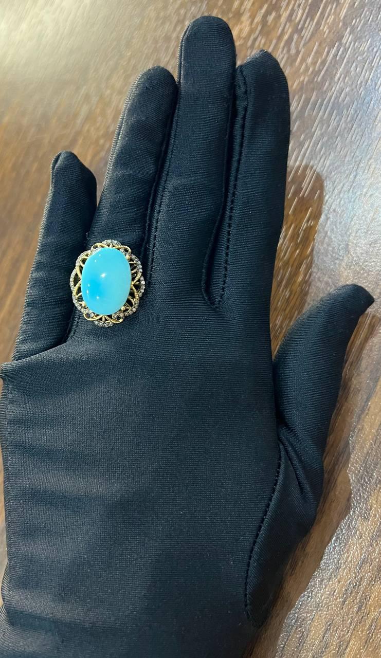 Blue Teal Turquoise Champagne Diamonds Halo 14K Yellow Gold Statement Ring