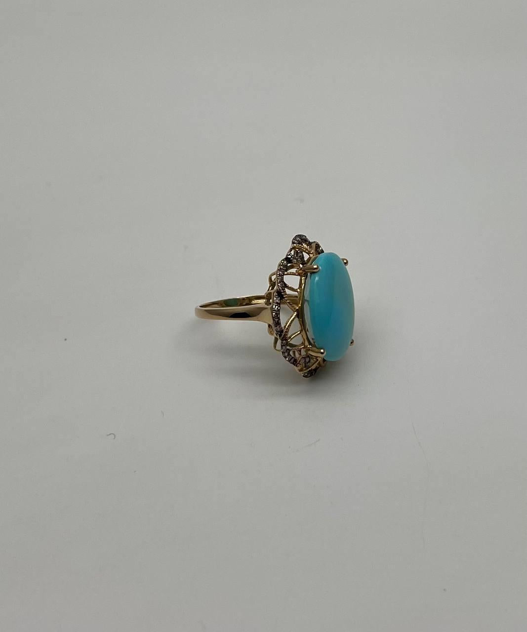 Blue Teal Turquoise Champagne Diamonds Halo 14K Yellow Gold Statement Ring