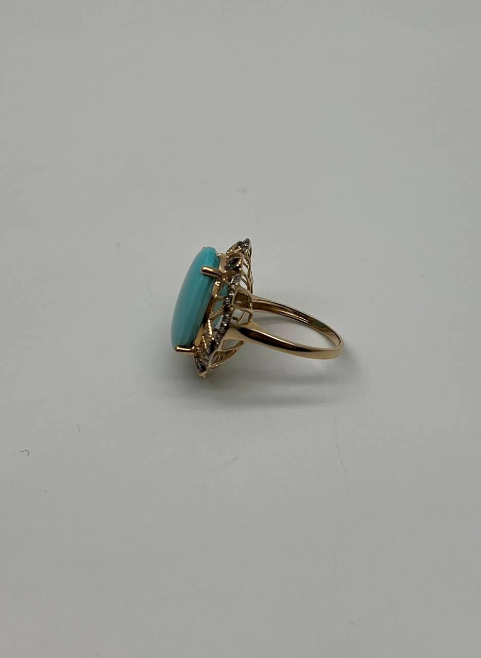 Blue Teal Turquoise Champagne Diamonds Halo 14K Yellow Gold Statement Ring