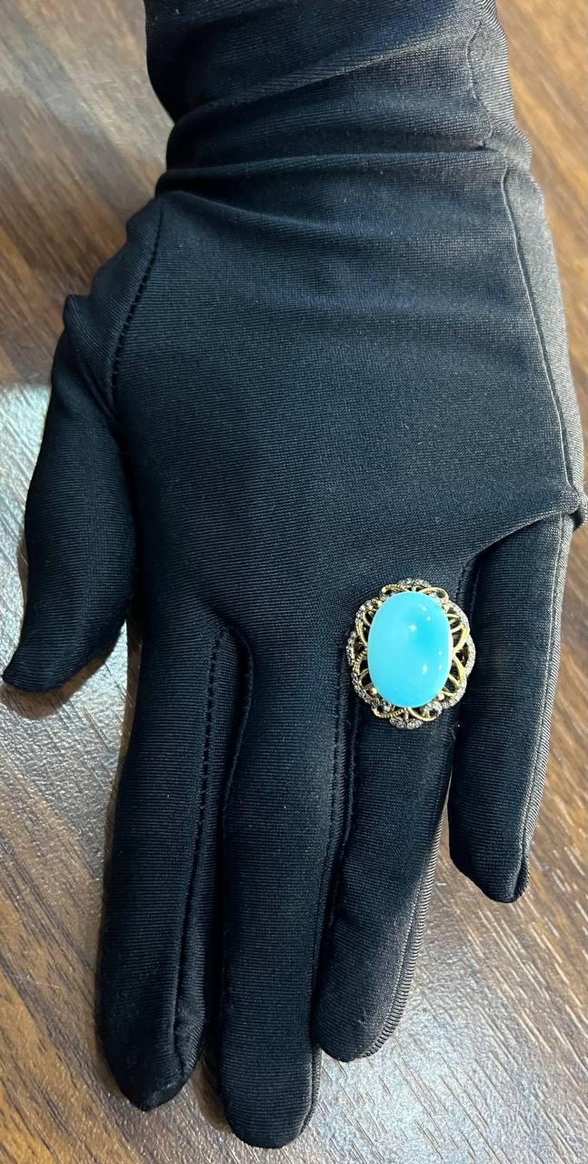 Blue Teal Turquoise Champagne Diamonds Halo 14K Yellow Gold Statement Ring