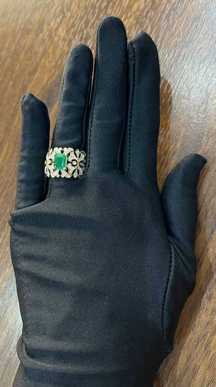 Rectangular Green Emerald Diamond Scroll 14K Yellow Gold Statement Band Ring