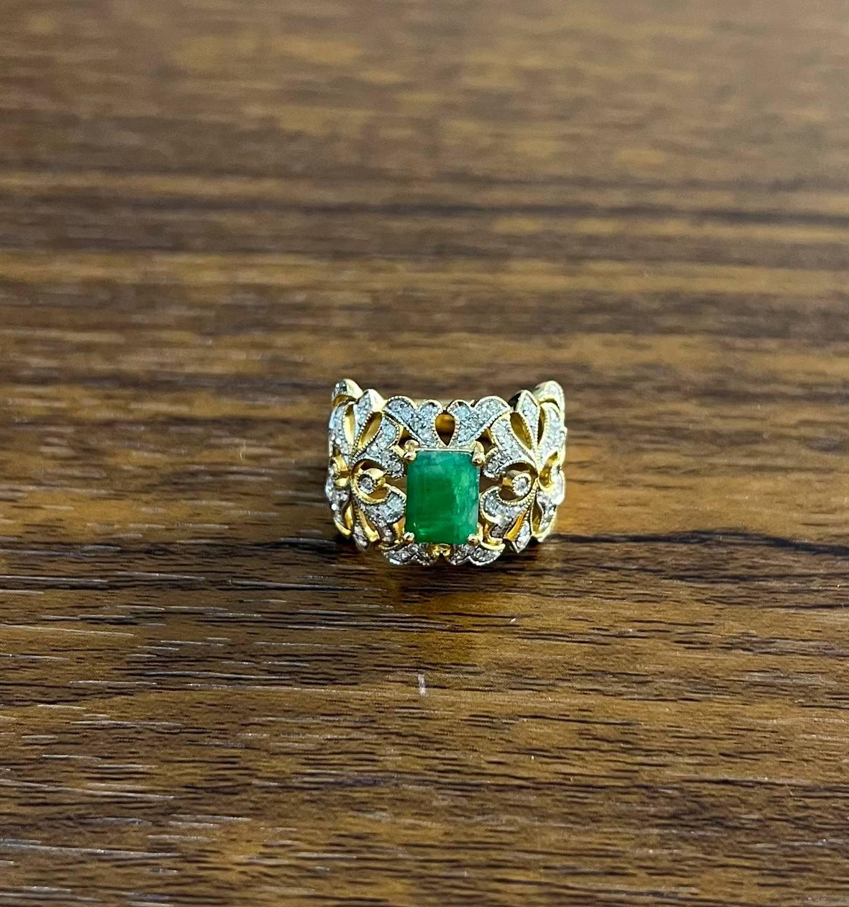 Rectangular Green Emerald Diamond Scroll 14K Yellow Gold Statement Band Ring