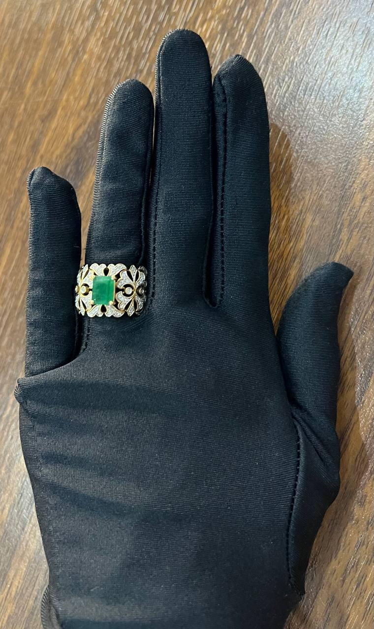 Rectangular Green Emerald Diamond Scroll 14K Yellow Gold Statement Band Ring