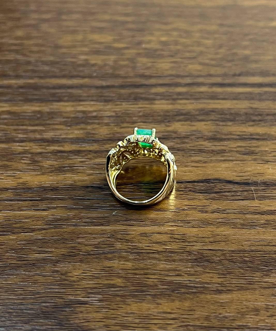 Rectangular Green Emerald Diamond Scroll 14K Yellow Gold Statement Band Ring