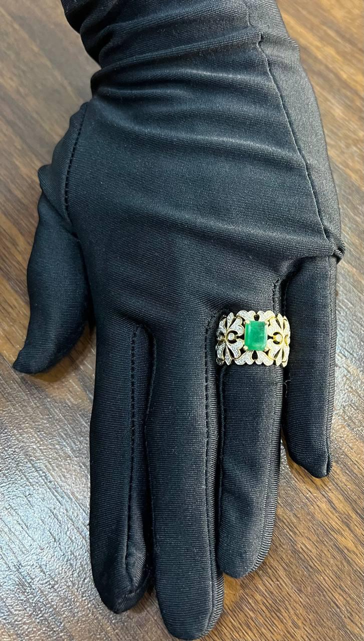 Rectangular Green Emerald Diamond Scroll 14K Yellow Gold Statement Band Ring