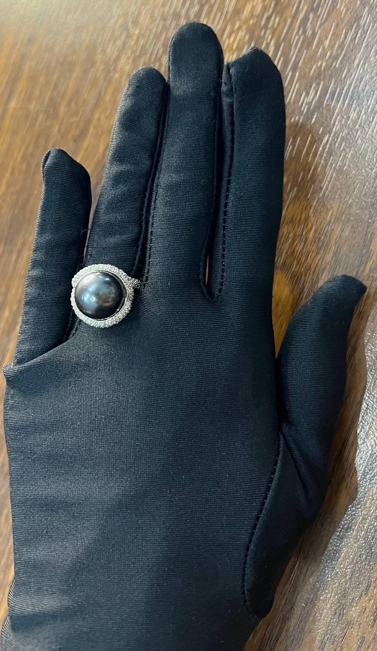 Grey Silver Black Tahitian Pearl White Gold Diamond Pave Set Spiral Bypass Ring