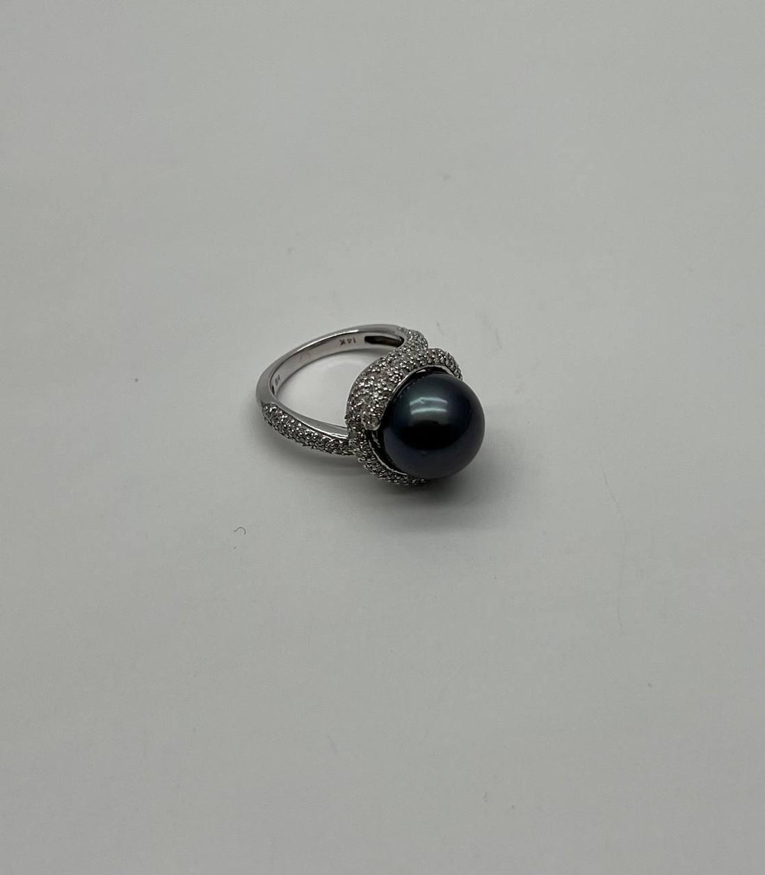 Grey Silver Black Tahitian Pearl White Gold Diamond Pave Set Spiral Bypass Ring