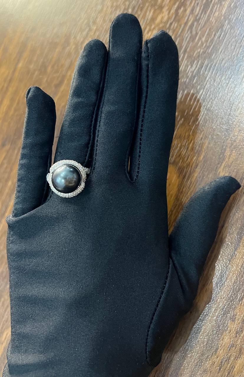 Grey Silver Black Tahitian Pearl White Gold Diamond Pave Set Spiral Bypass Ring