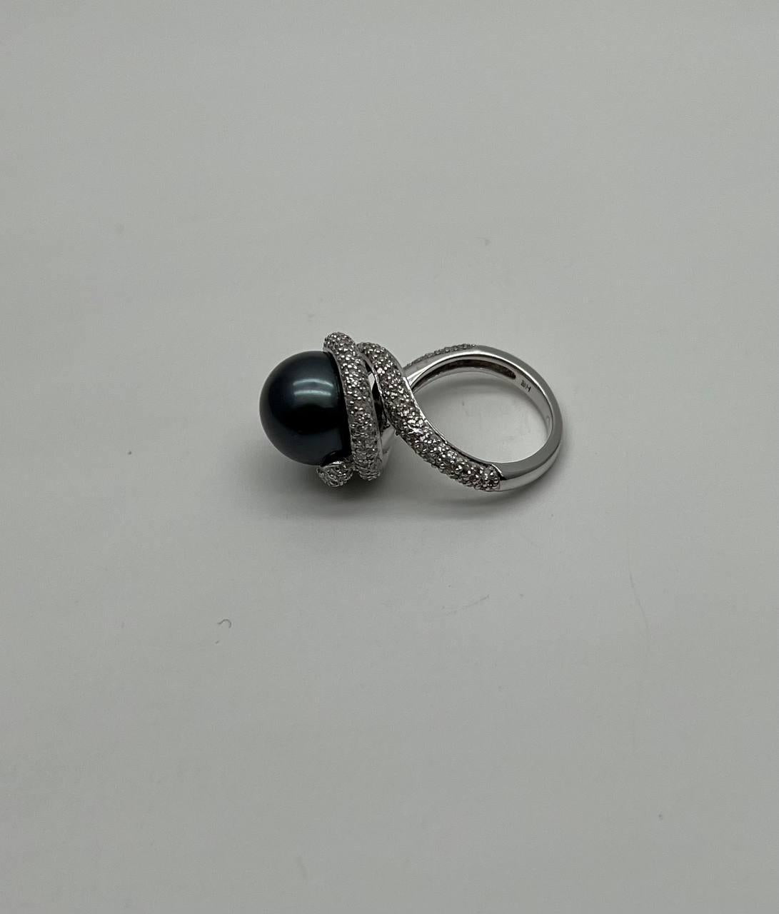 Grey Silver Black Tahitian Pearl White Gold Diamond Pave Set Spiral Bypass Ring