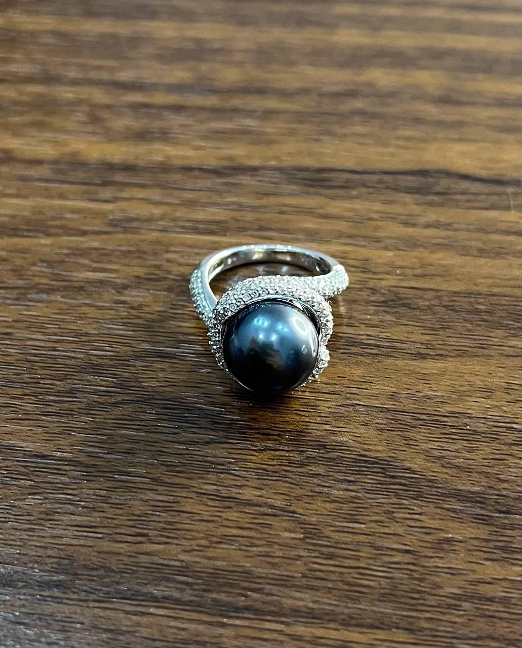 Grey Silver Black Tahitian Pearl White Gold Diamond Pave Set Spiral Bypass Ring