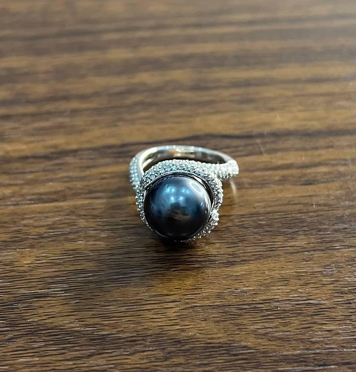 Grey Silver Black Tahitian Pearl White Gold Diamond Pave Set Spiral Bypass Ring