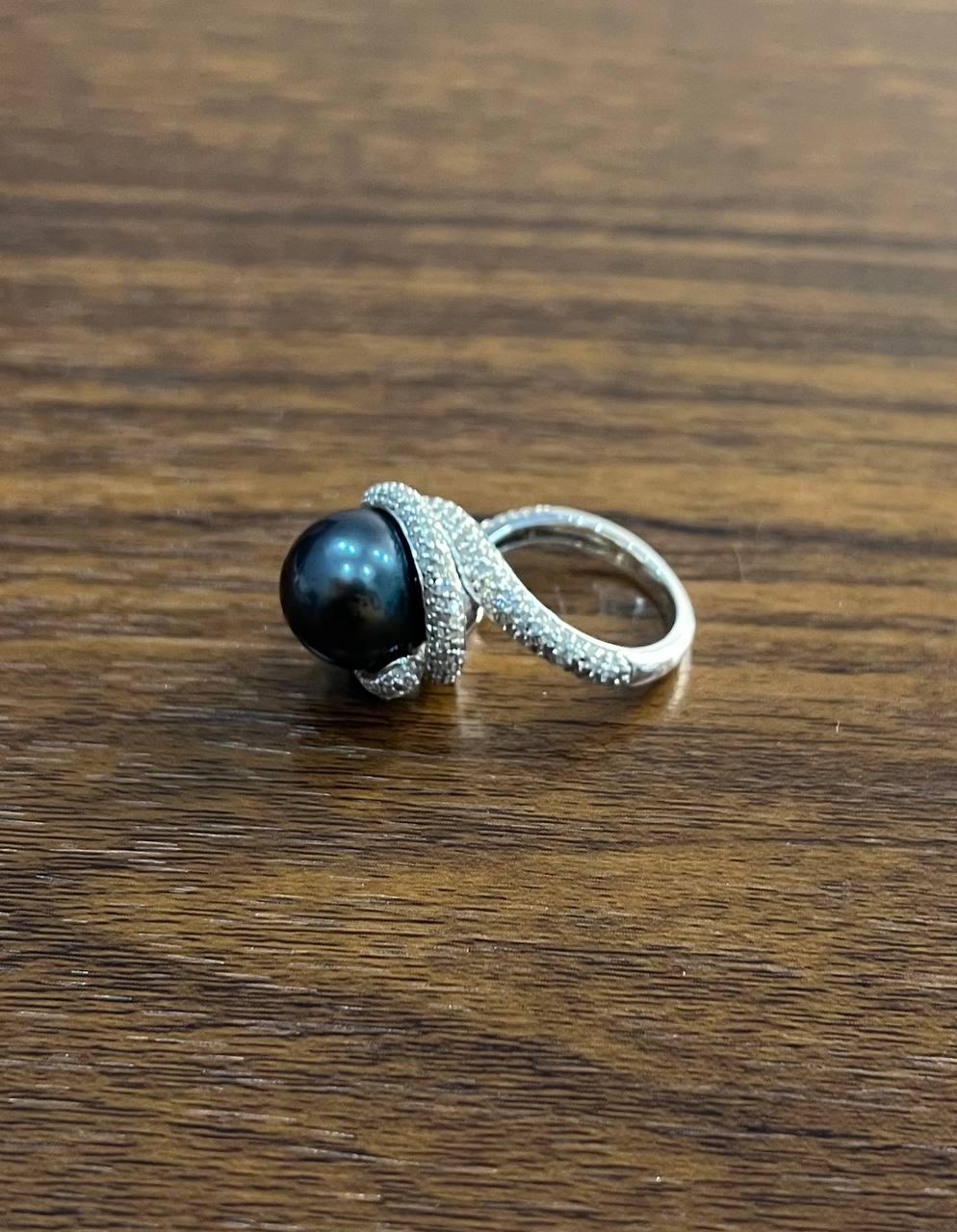 Grey Silver Black Tahitian Pearl White Gold Diamond Pave Set Spiral Bypass Ring