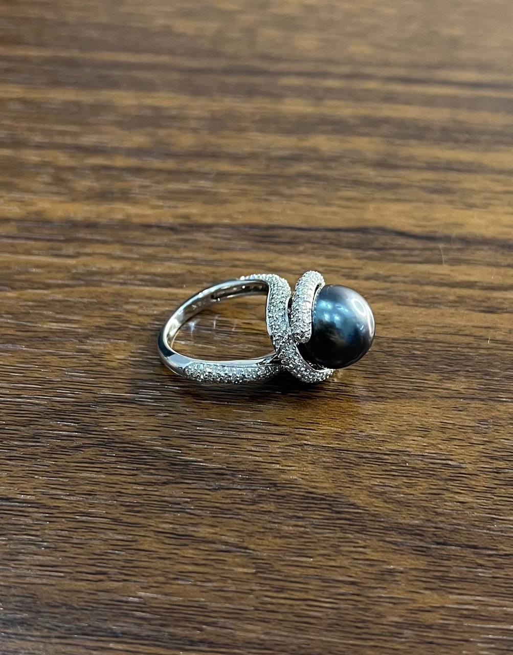 Grey Silver Black Tahitian Pearl White Gold Diamond Pave Set Spiral Bypass Ring