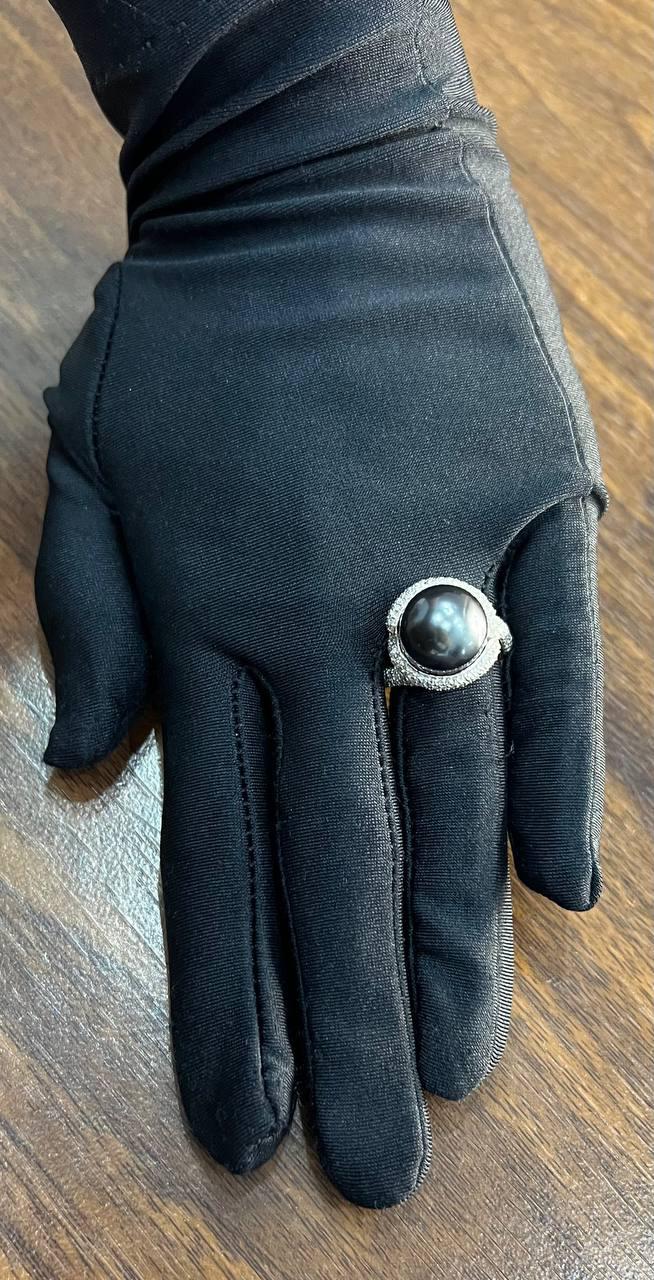 Grey Silver Black Tahitian Pearl White Gold Diamond Pave Set Spiral Bypass Ring