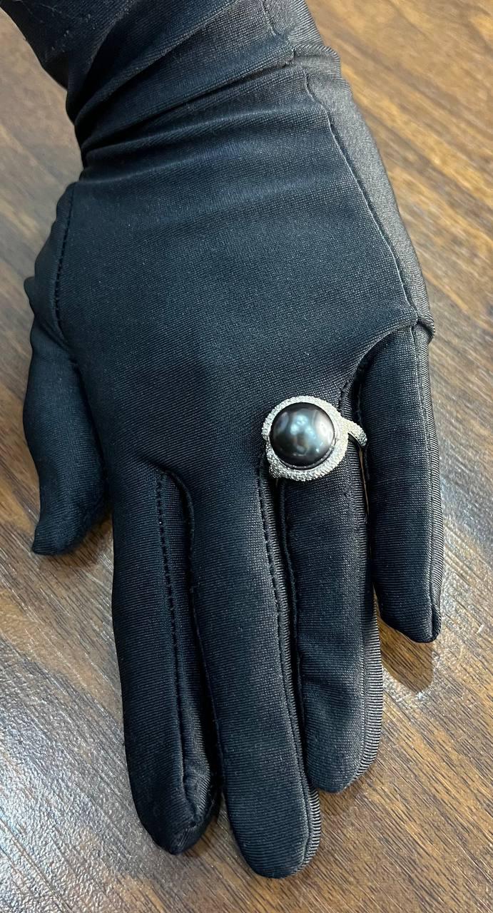 Grey Silver Black Tahitian Pearl White Gold Diamond Pave Set Spiral Bypass Ring